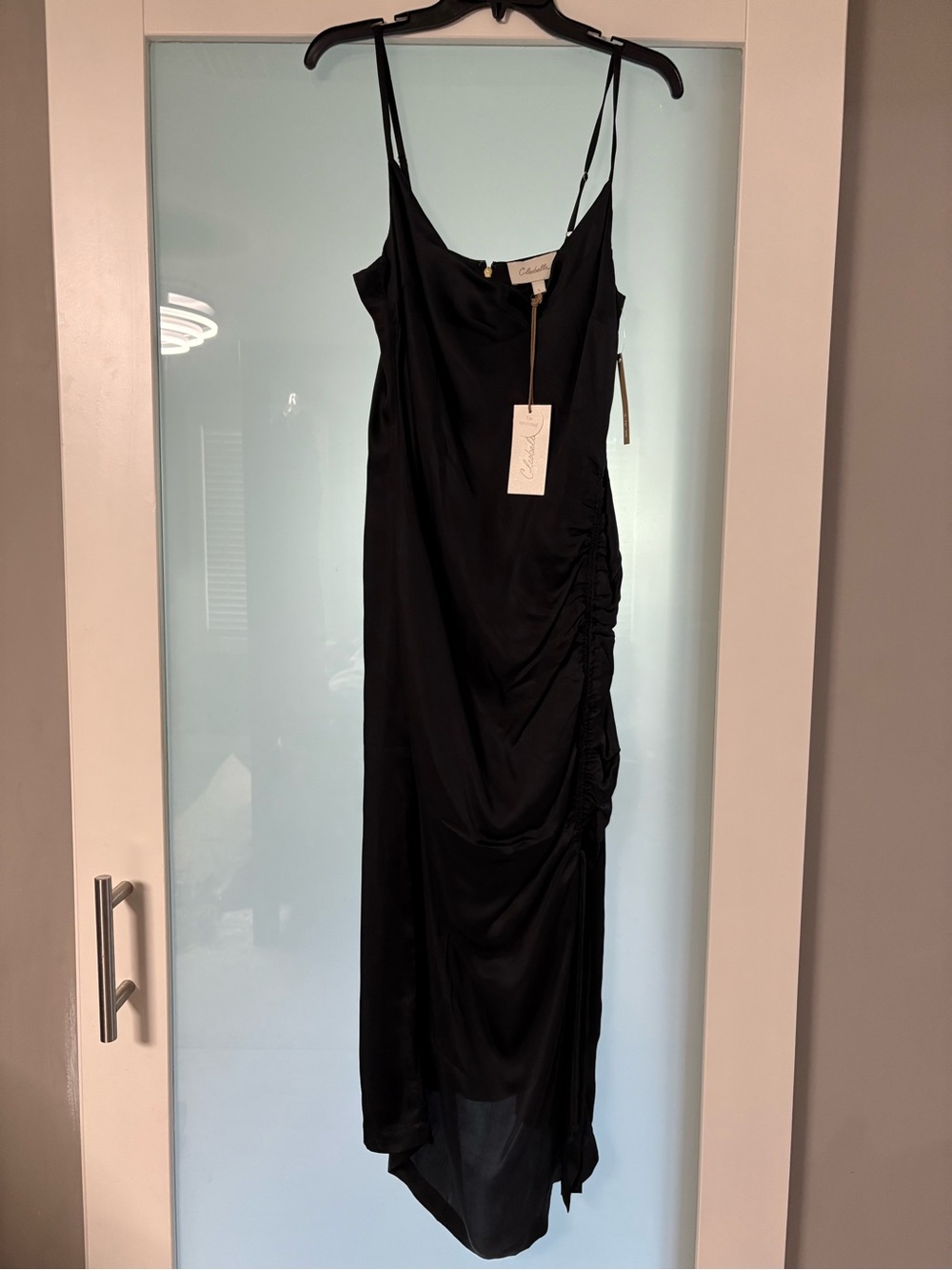 Black Satin Slip Dress with Ruched Side